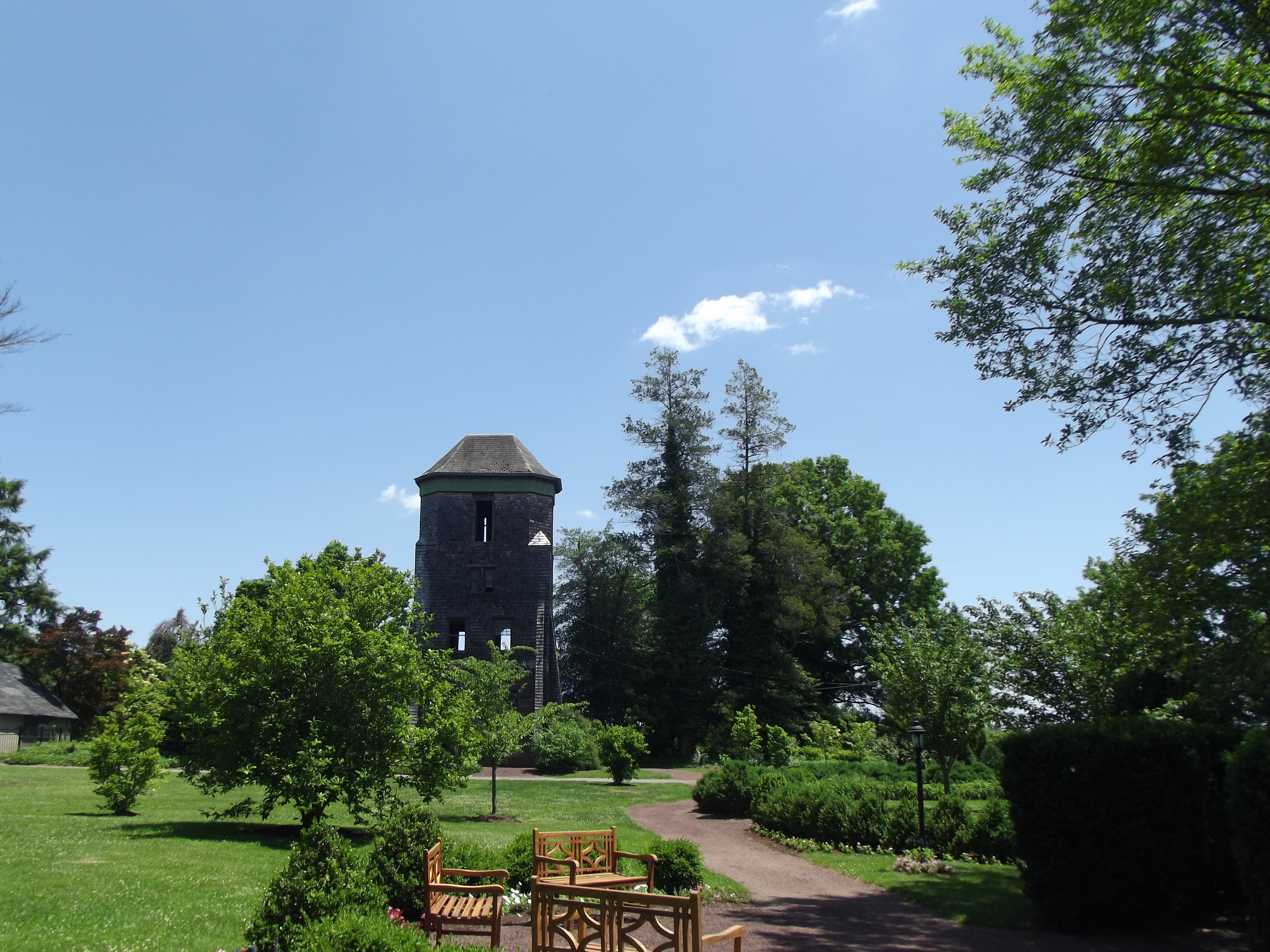 In view of the water tower.